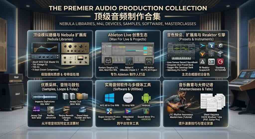 顶级的 Nebula 模拟硬件库、Ableton 专属的 M4L 设备 高质量的声音采样、软件工具以及吉他教学谱面。