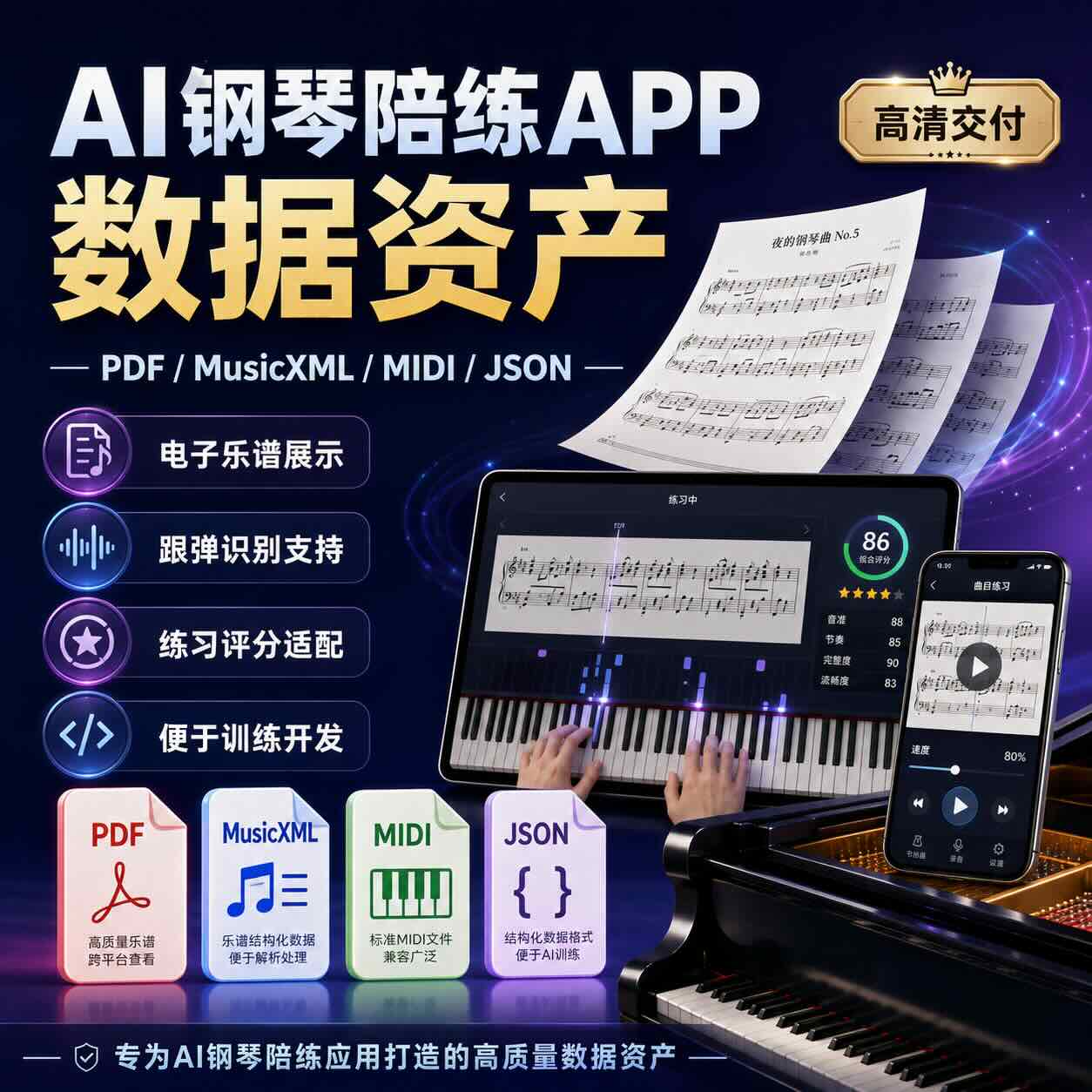 AI钢琴陪练APP数据资产库 PDF MusicXML MIDI JSON乐谱数据资源包 练琴软件开发素材 AI识别训练数据
